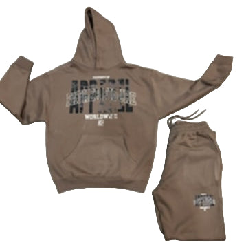 Cozy Winter 2024 Jogger Set in earthy taupe and classic black with bold "WORLDWIDE" graphics for stylish, warm comfort.