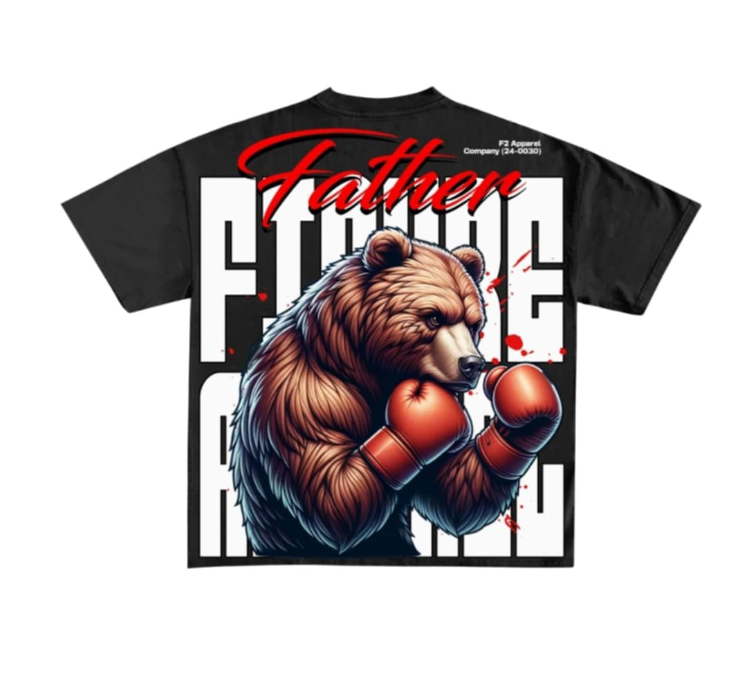 A black hoodie with a graphic print of a bear in a fighting stance, surrounded by the text 'Father Figure', on a front view.