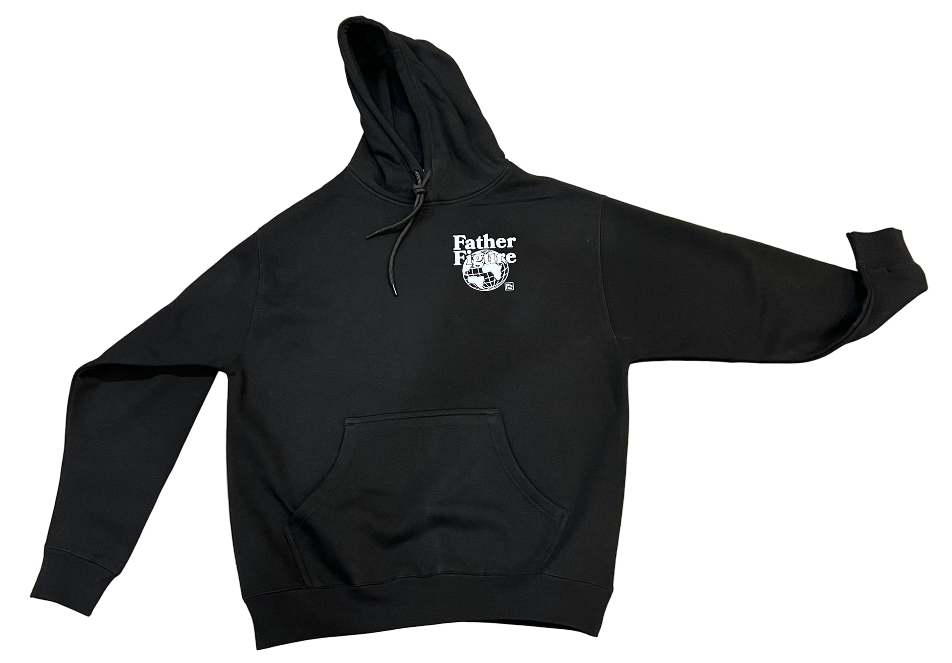 Cozy black Father Figure Hoodie with a bold logo, embodying strength and style for casual, everyday wear.
