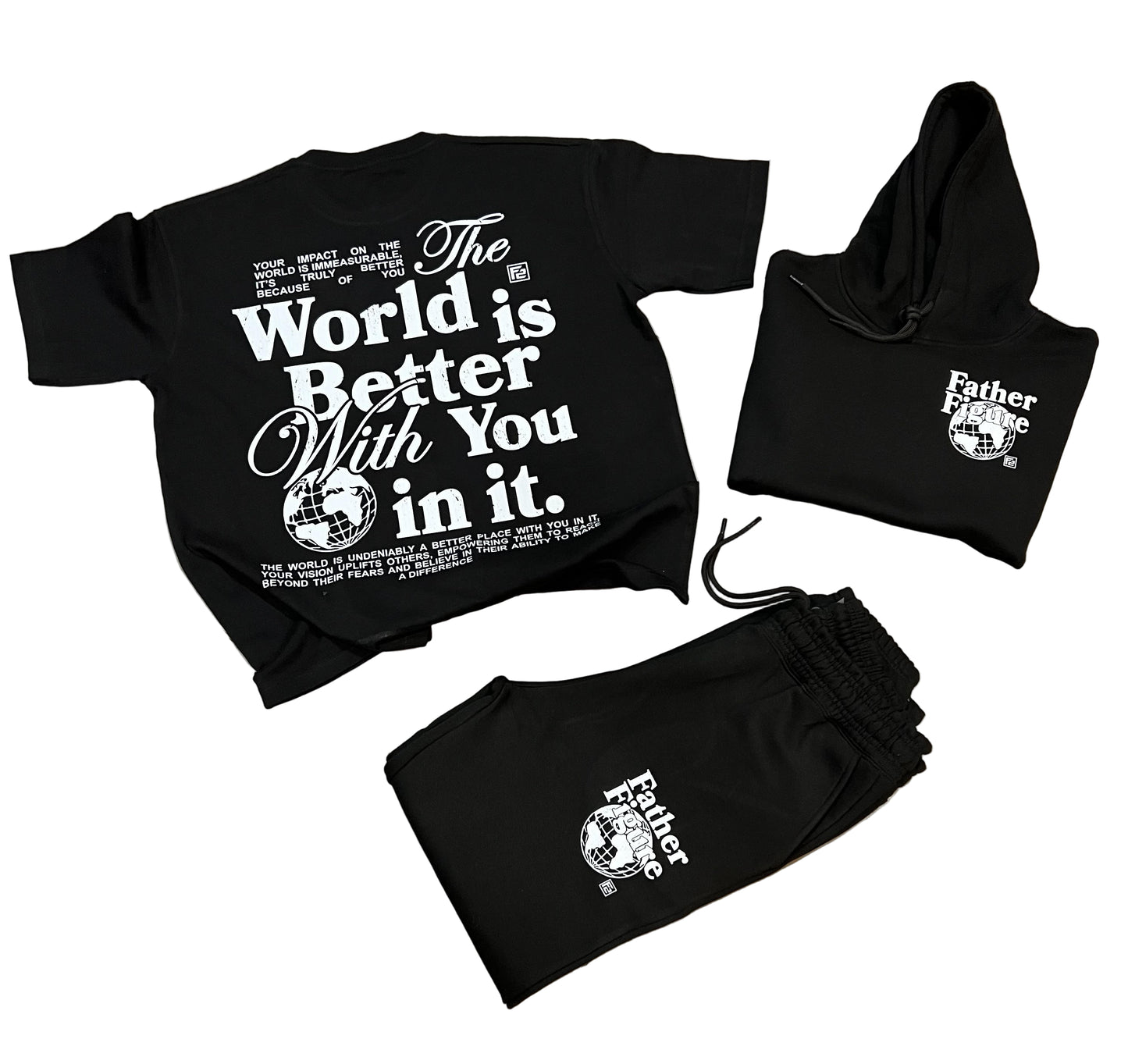 Stylish Father Figure Combo Set featuring a black hoodie, joggers, and a free t-shirt, all with bold, empowering logos.