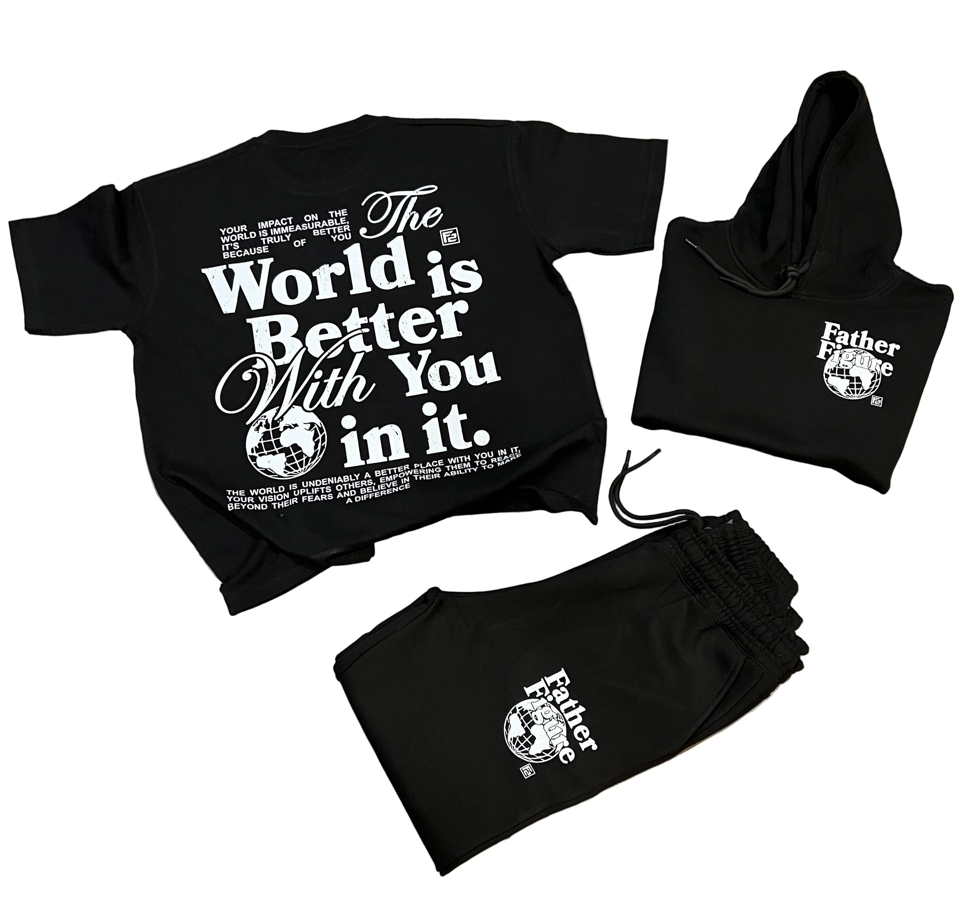 Stylish Father Figure Combo Set featuring a black hoodie, joggers, and a free t-shirt, all with bold, empowering logos.