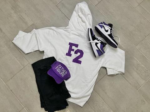 Cozy white cotton hoodie and purple snapback hat from the Fall/Winter "Purple Swag Pack," featuring bold chenille FATHER FIGURE text and F2 patch.