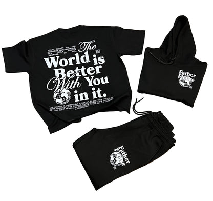 Stylish Father Figure Combo Set featuring a black hoodie, joggers, and a free t-shirt, all with bold, empowering logos.