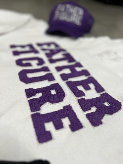 Cozy white cotton hoodie from the Fall/Winter "Purple Swag Pack" with bold purple chenille "Father Figure" text on the front.